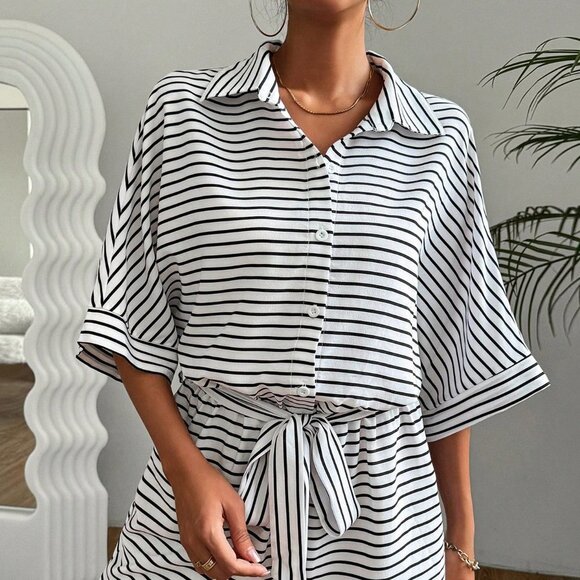 White Boho Women's Striped Batwing Sleeve Front Button Romper - Picture 5 of 5